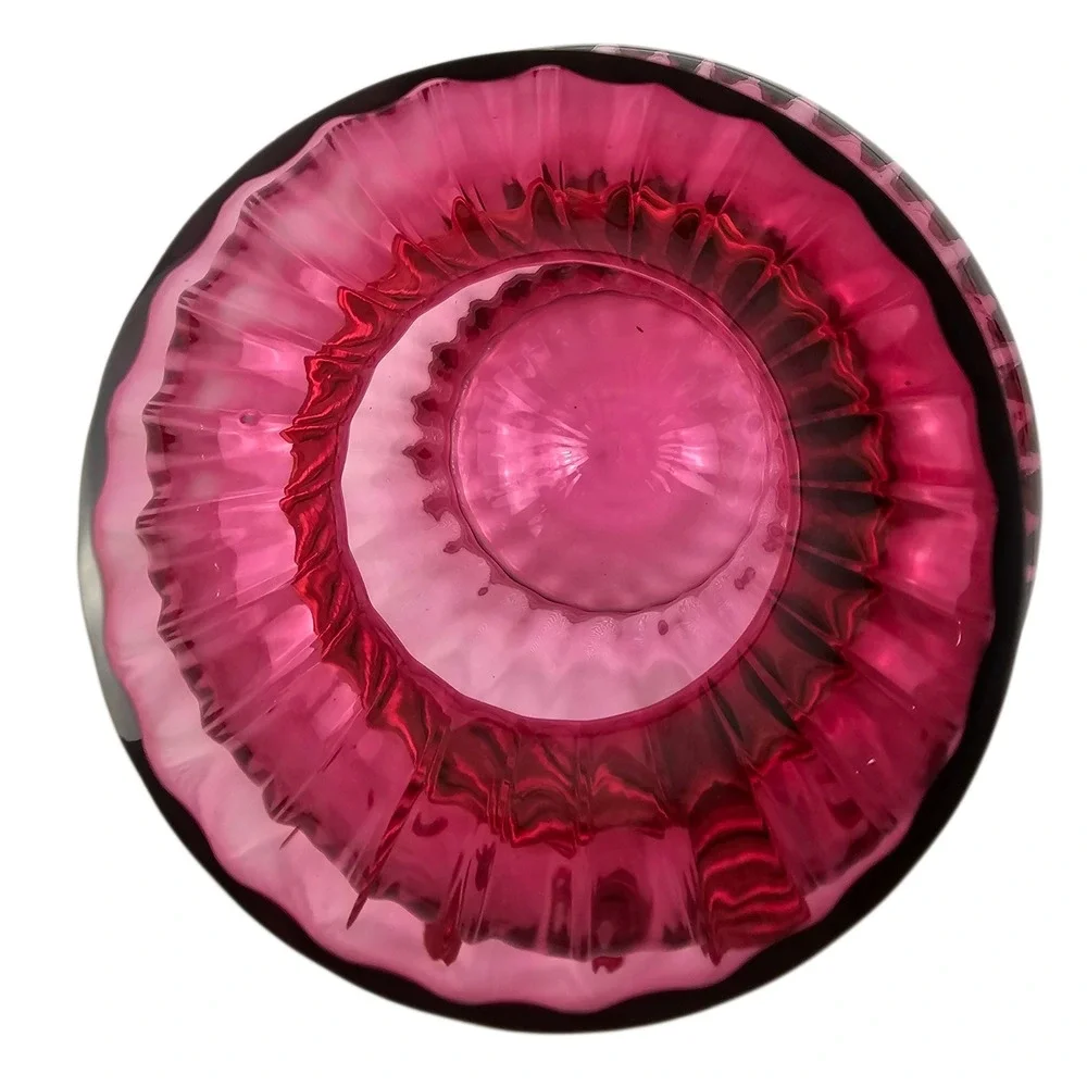 Vtg Pilgrim Art Glass Cranberry Pink Ribbed Urn Vase with Red Braid Rope Accent